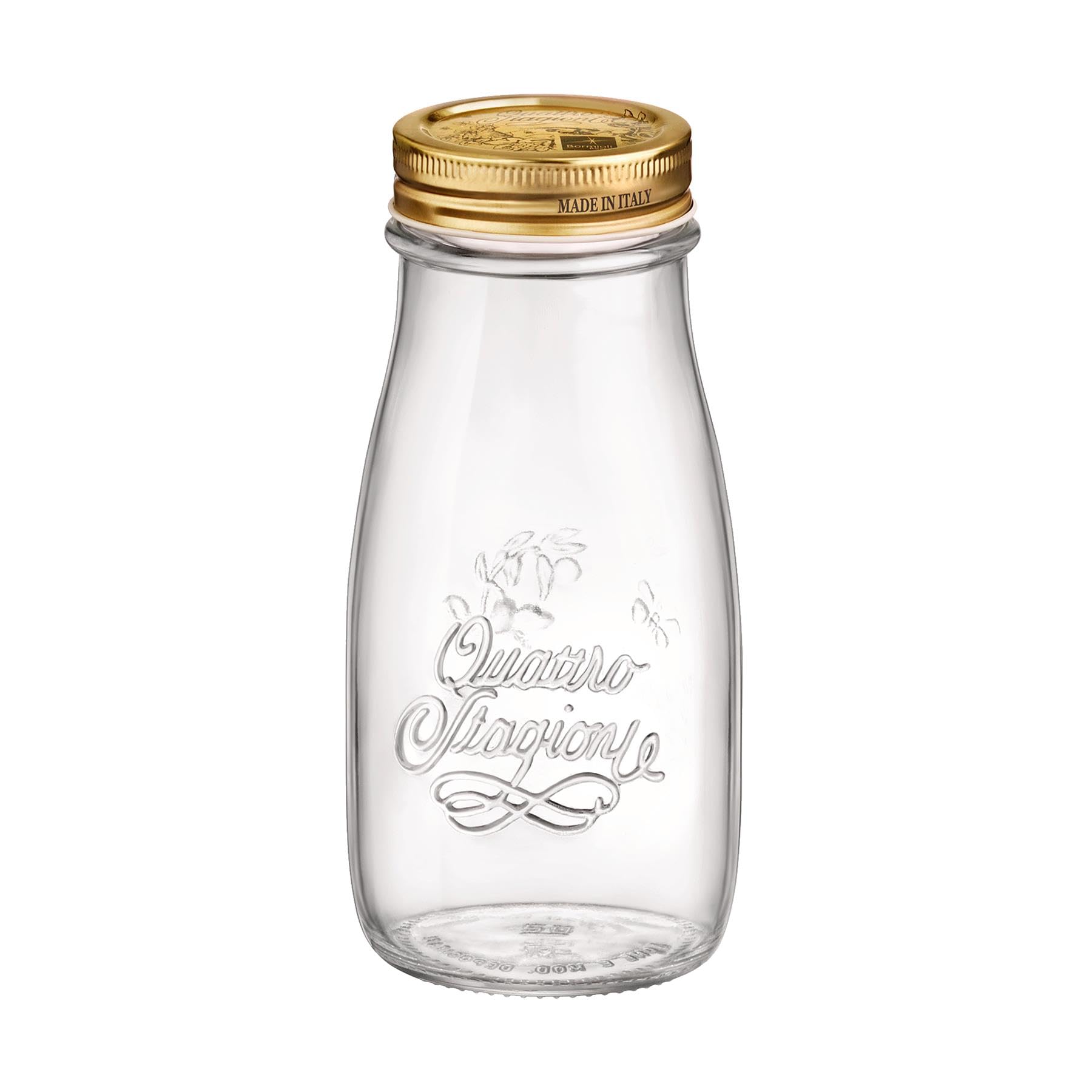 Bormioli Rocco Quattro Stagioni, Glass Canning Jar And Drinking Bottle, 13.5 Oz. With Gold Metal Airtight Lid, Made In Italy.
