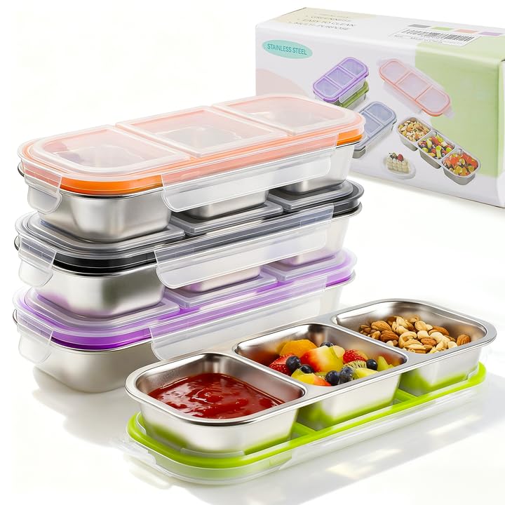 YJSLICT 4 Pack Stainless Steel Snack Containers with Lids 3 Compartments