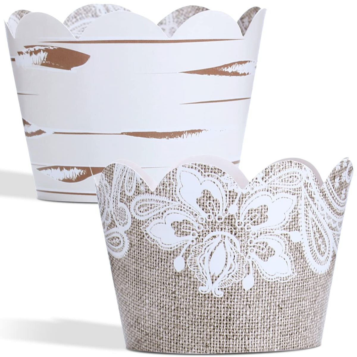 Burlap And Lace Cupcake Wrappers, 48 Count - Rustic Birch And Wood Grain Design, Burlap Cupcake Wrappers For Weddings And Partie