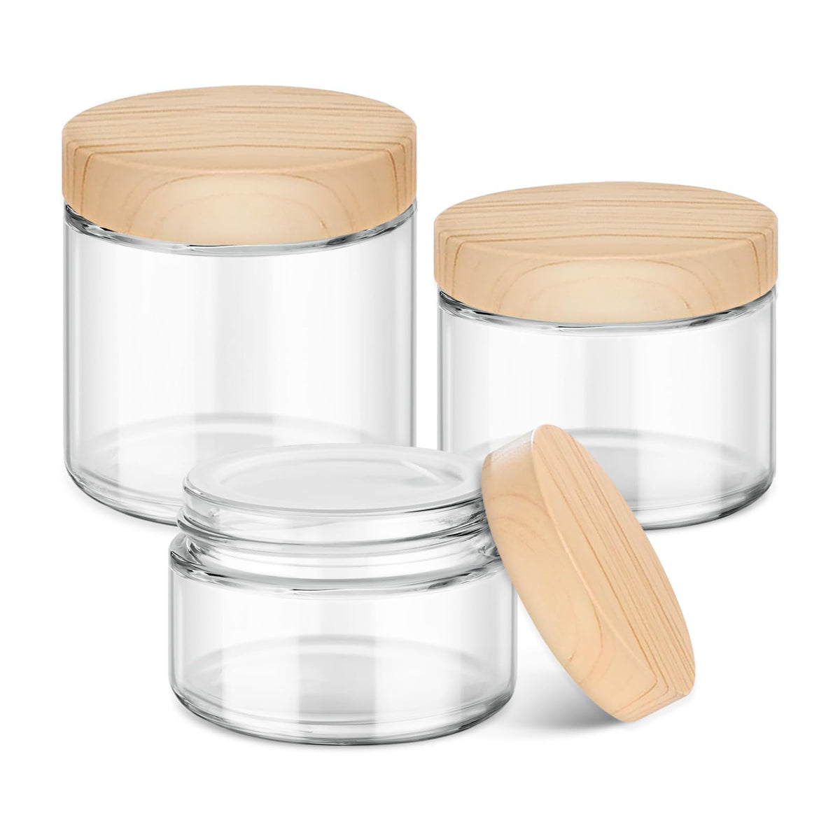 Glass Cosmetic Jars With Plastic Woodgrain Lids, 4 Oz, 2 Oz 1 Oz Small Glass Storage Jars With Lids & Stickers, Reusable Clear T