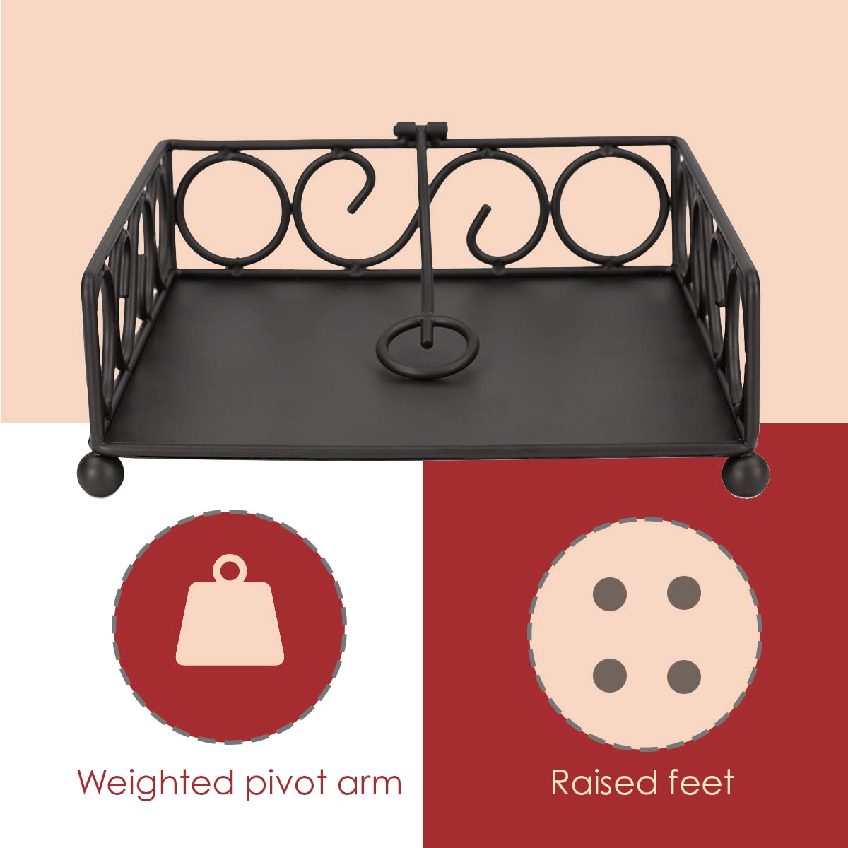 Scroll Design Flat Napkin Holder (Black), By Home Basics / With Weighted Pivoting Arm | Table Napkin Holder / Napkin Holders For