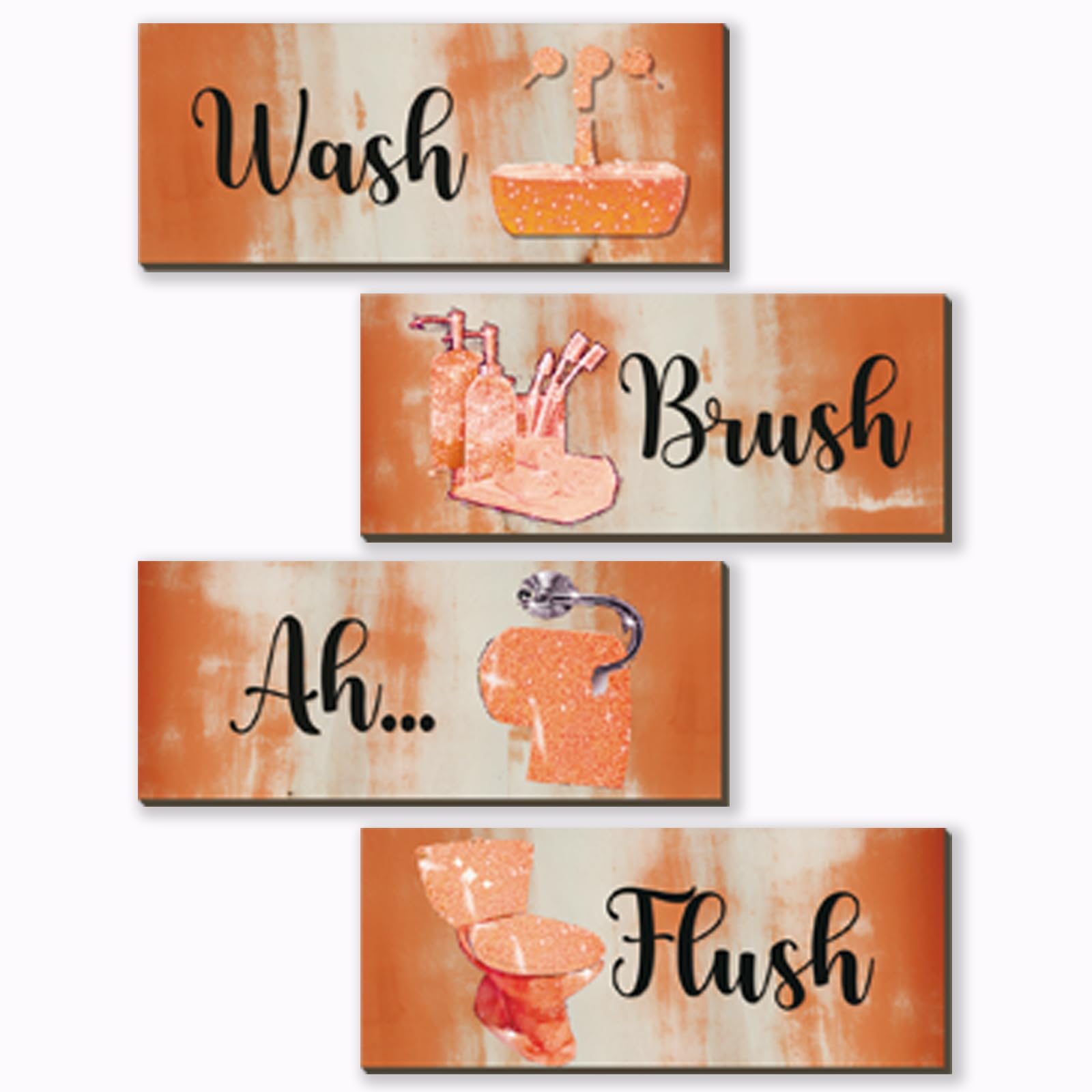 FENCORDAR 4 Pcs Orange Bathroom Decor Abstract Orange Black Bathroom Decor Wooden Modern Funny Glitter for Home Toilet(10x4 Inch