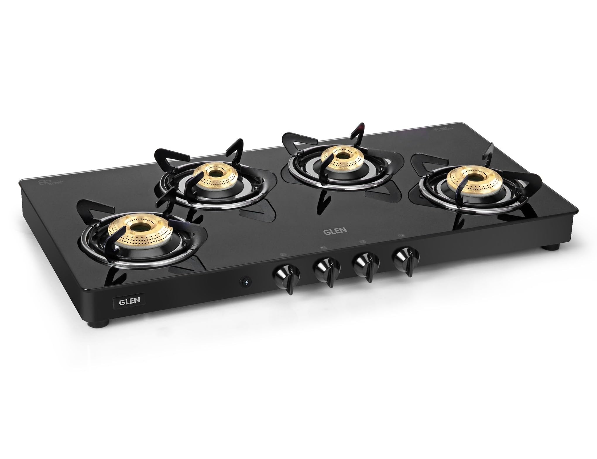 Glen 4 Burner Toughened Glass Top Lpg Gas Stove | Auto Ignition | 1 Jumbo Brass Burner | 360 Revolving Inlet Nozzle | Black | Is