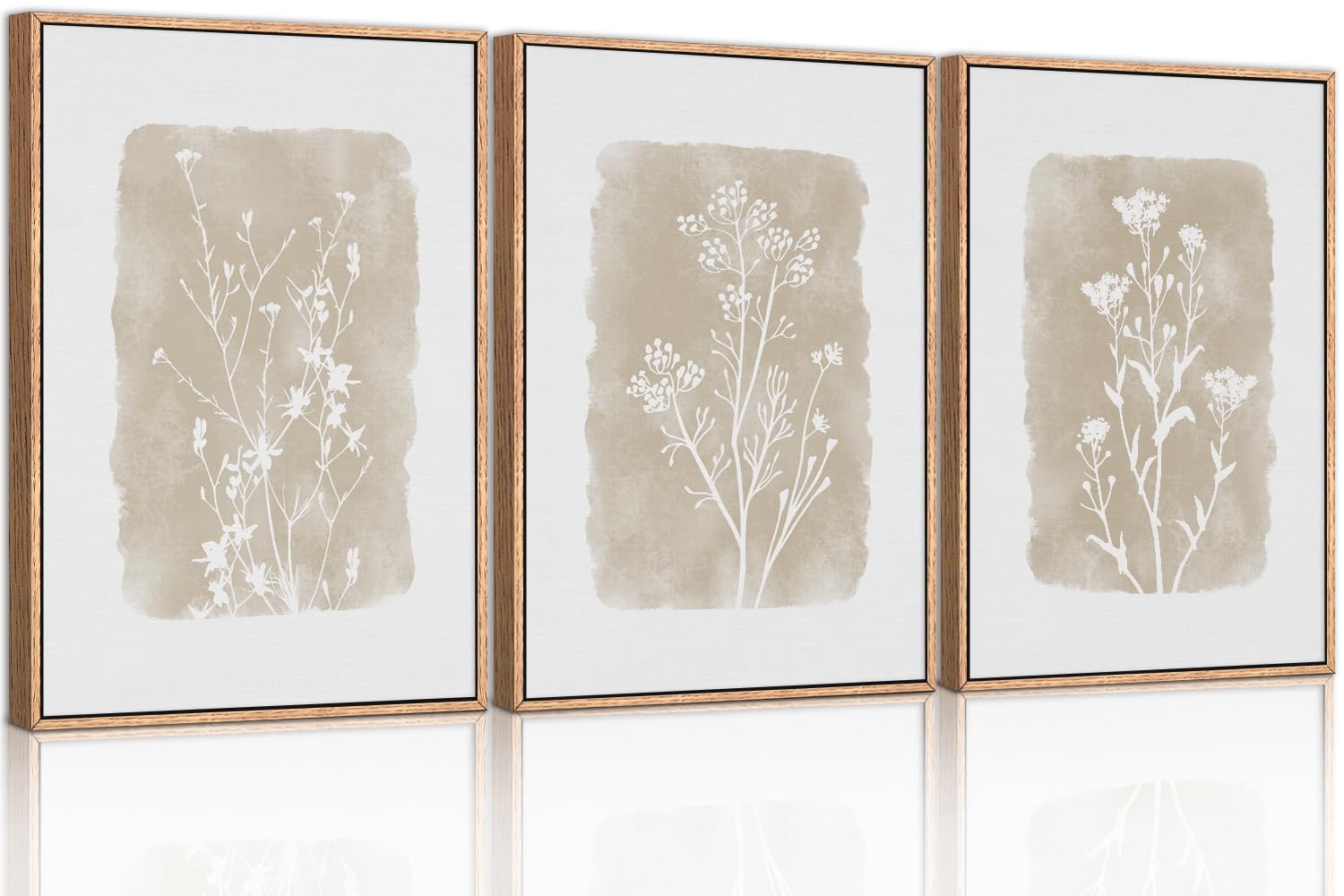 Chditb Botanical Farmhouse Wall Art Set, Framed Boho Plant Wall Decor, Neutral Minimalist Floral Wall Painting, Rustic Wildflowe