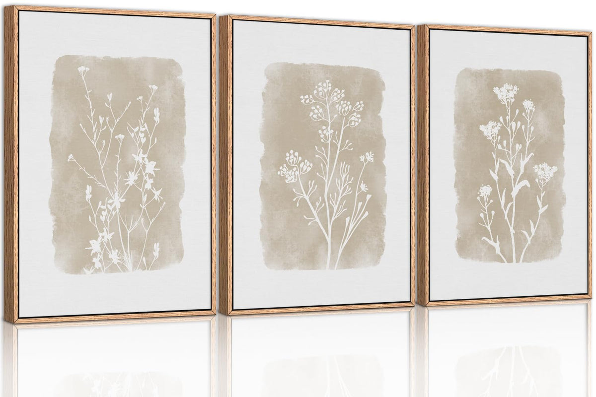 Chditb Botanical Farmhouse Wall Art Set, Framed Boho Plant Wall Decor, Neutral Minimalist Floral Wall Painting, Rustic Wildflowe