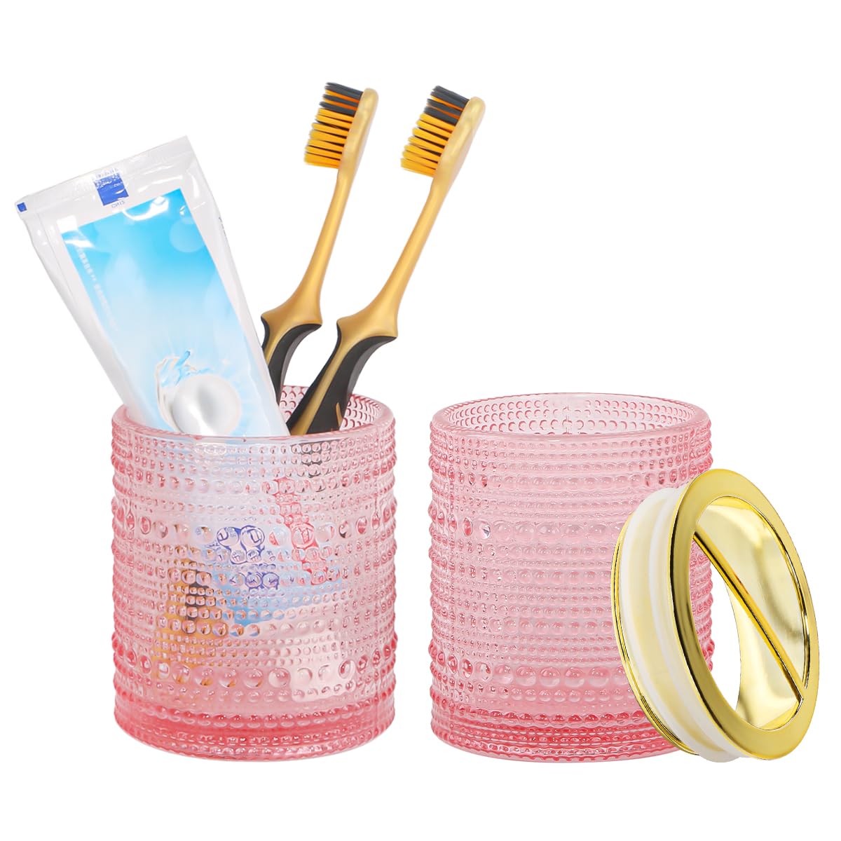 Tonxus Pink Toothbrush Holders,2Pcs Glass Toothbrush Holder Set,Clear 10Oz Bathroom Tumbler,Gold Toothbrush And Toothpaste Cup H