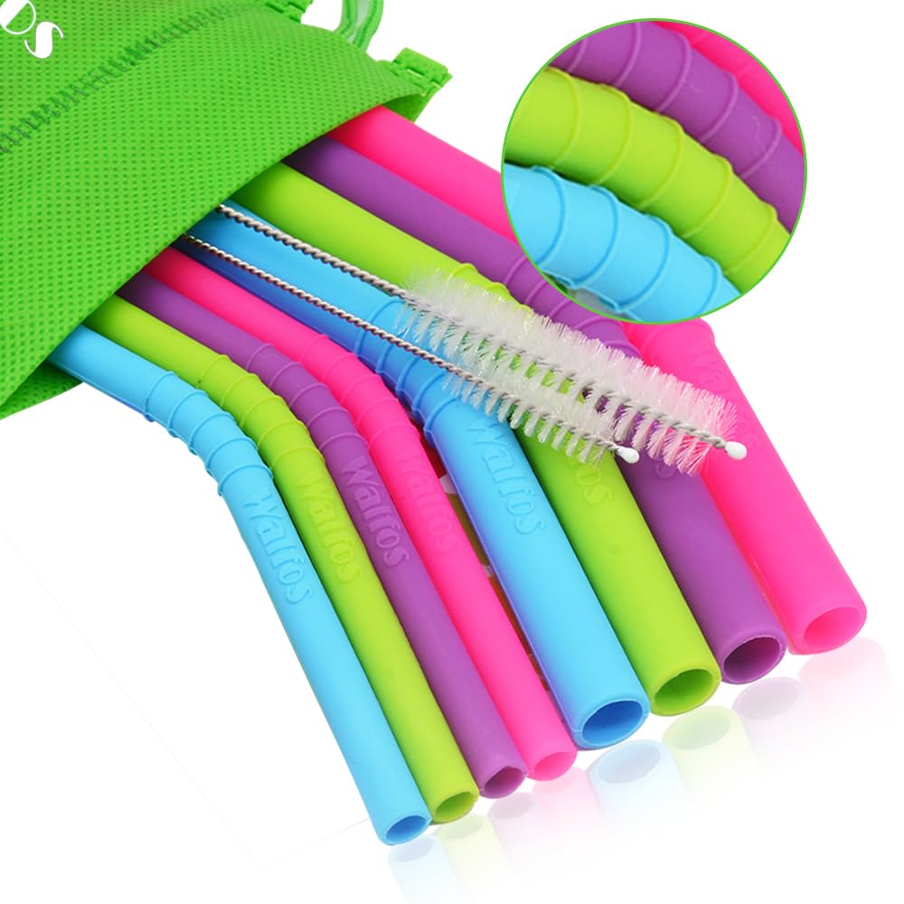 Walfos Reusable Silicone Straws - 2 Size Flexible Drinking Bendy Straws For Smoothies/20 & 30 Oz Tumblers, Bpa Free (4 Wide Stra