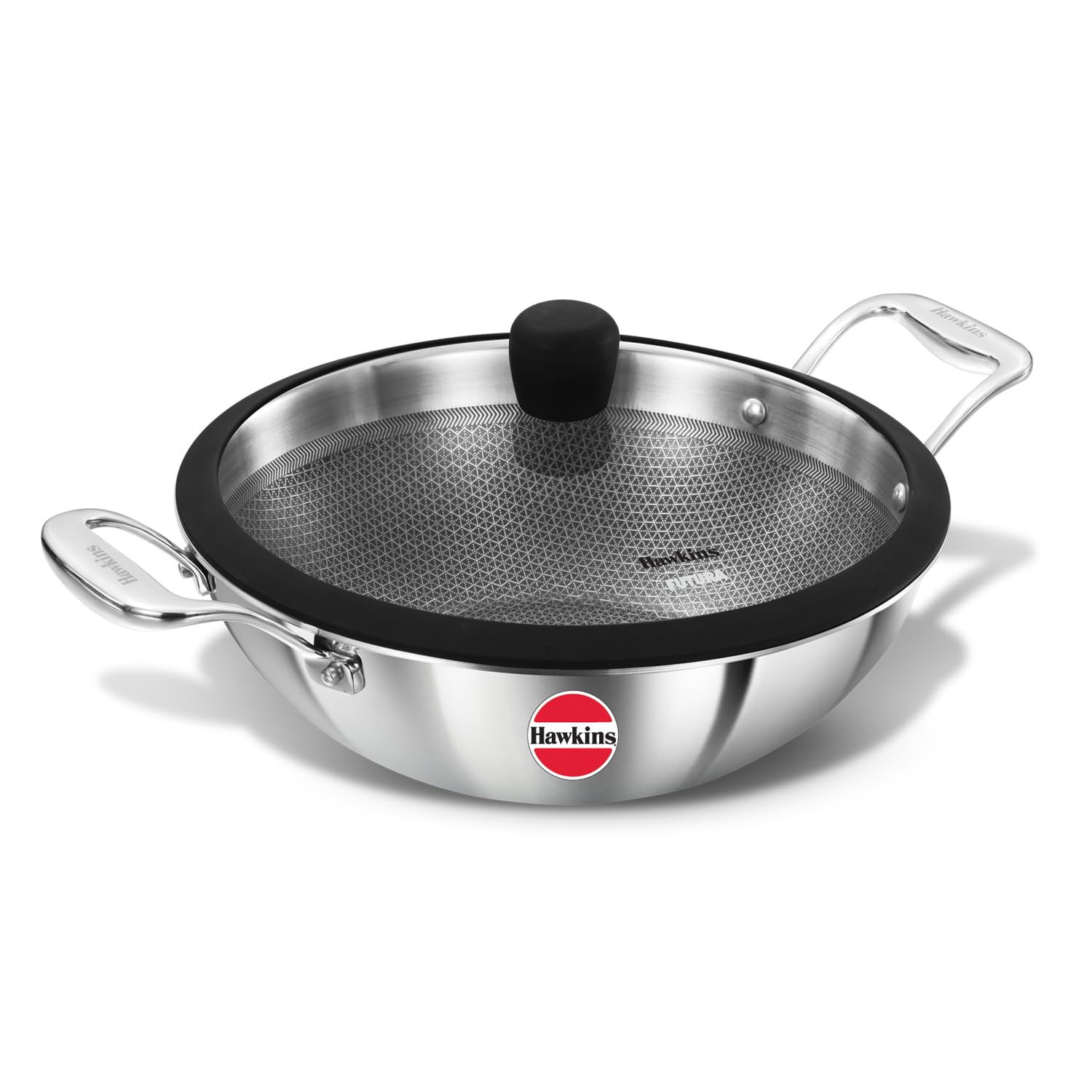 Hawkins Pro 3.5 Litre Shielded Nonstick Triply Deep-Fry Pan, Kadhai With Stainless Steel Handles And Glass Lid, Silver (Psnk35G)