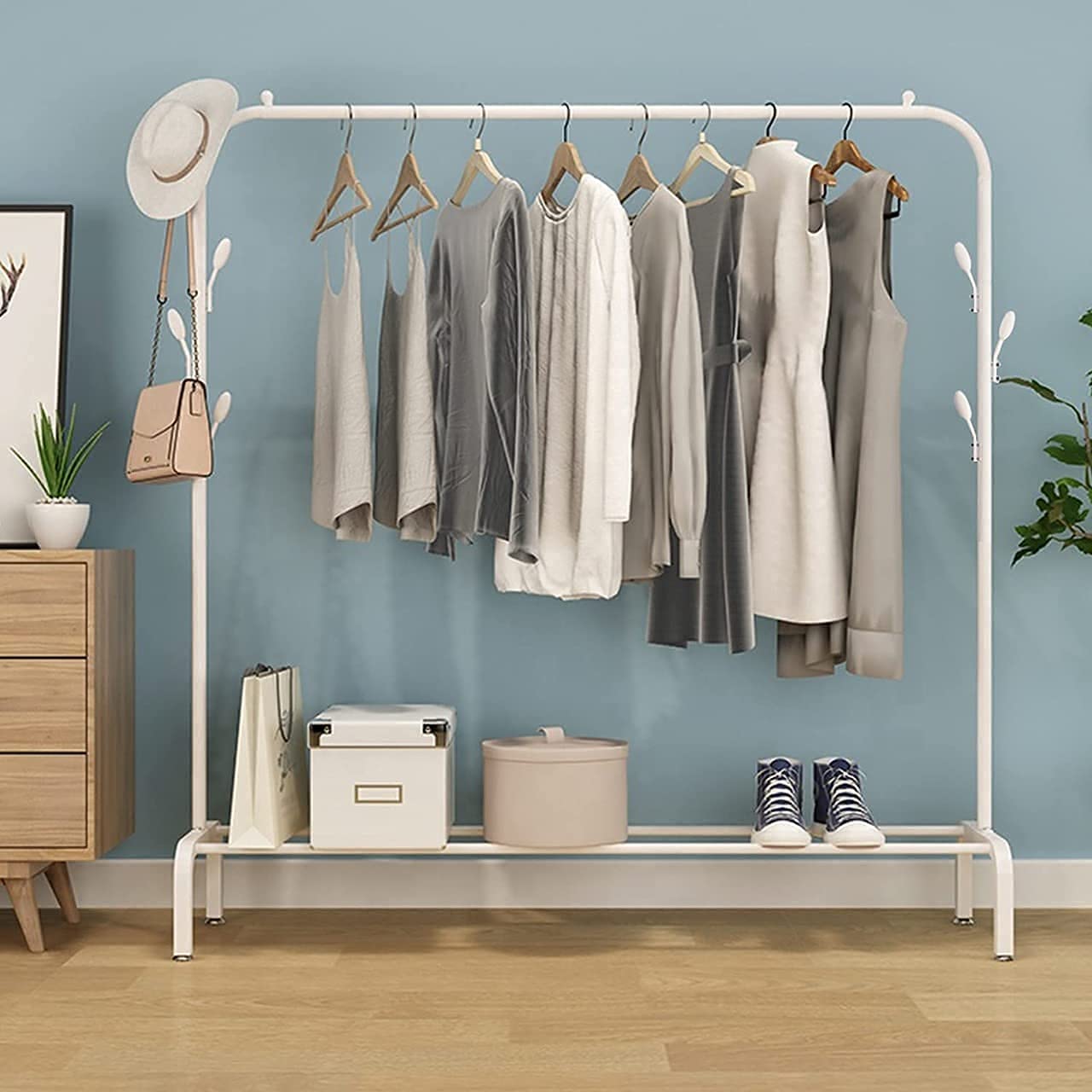 Lukzer Metal Single Garment Stand With Bottom Shelves Clothes Storage Organizer 4 Hooks Coat Rack (White, 40 X 110 X 148 Cm/Mgs-