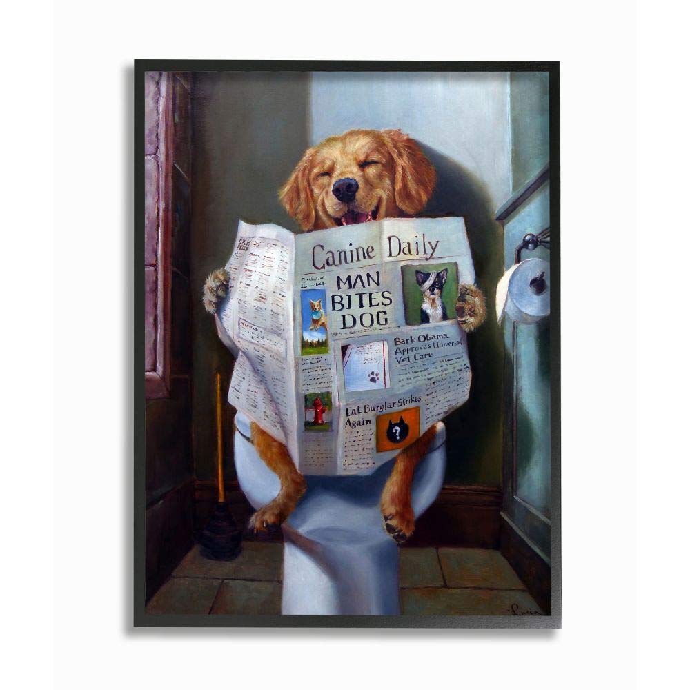 Stupell Industries Dog Reading The Newspaper On Toilet Funny Painting Framed Giclee Art Design By Artist Lucia Heffernan