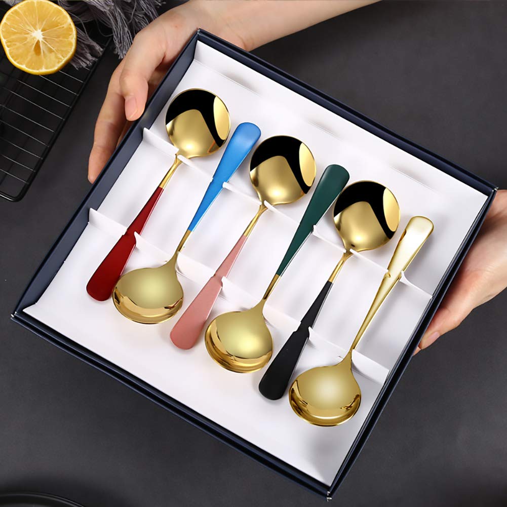 Hktopcne 6 Pieces Stainless Steel Soup Spoons Round Colorful Handle Rice Spoons Elegant Life Dinner Spoons