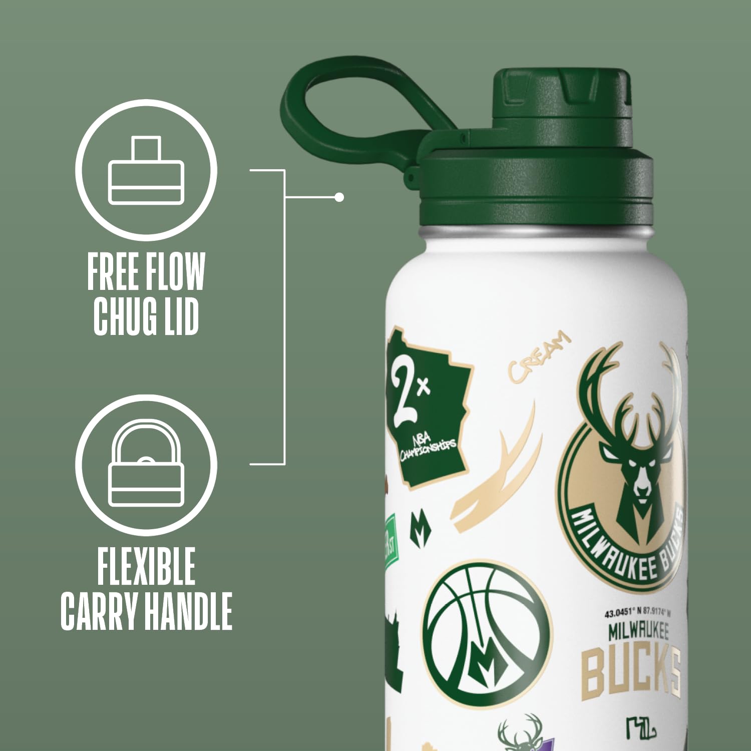 Hydrapeak x NBA Officially Licensed Milwaukee Bucks 32 oz Active Water Bottle with Chug Lid Reusable Stainless Steel Double Wall
