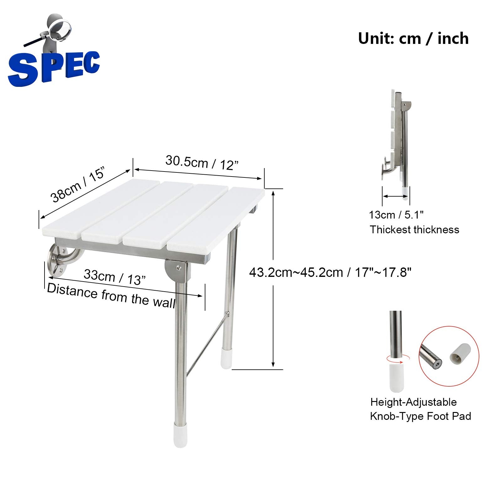 Jcwangdefu Folding Shower Seat Wall Mounted Bathroom Bathtub Safety Stool Chair, Solid Wood, With Support Legs, Load Of 350 Lbs,