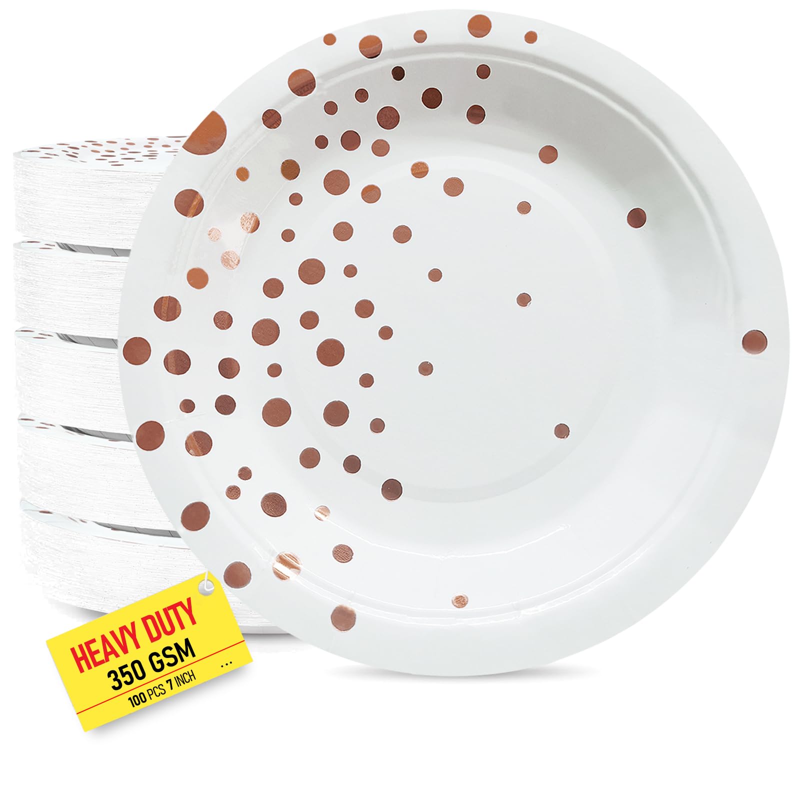 100 PCS Disposable Paper Plates for Party Supplies, White and Rose Gold Dessert/Cake Plates, Heavy Duty Gold Plate for Party, Bi