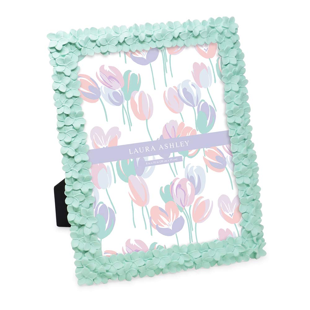 Laura Ashley 8x10 Mint Green Flower Textured Hand-Crafted Resin Picture Frame w/Easel & Hook for Tabletop & Wall Display, Decora