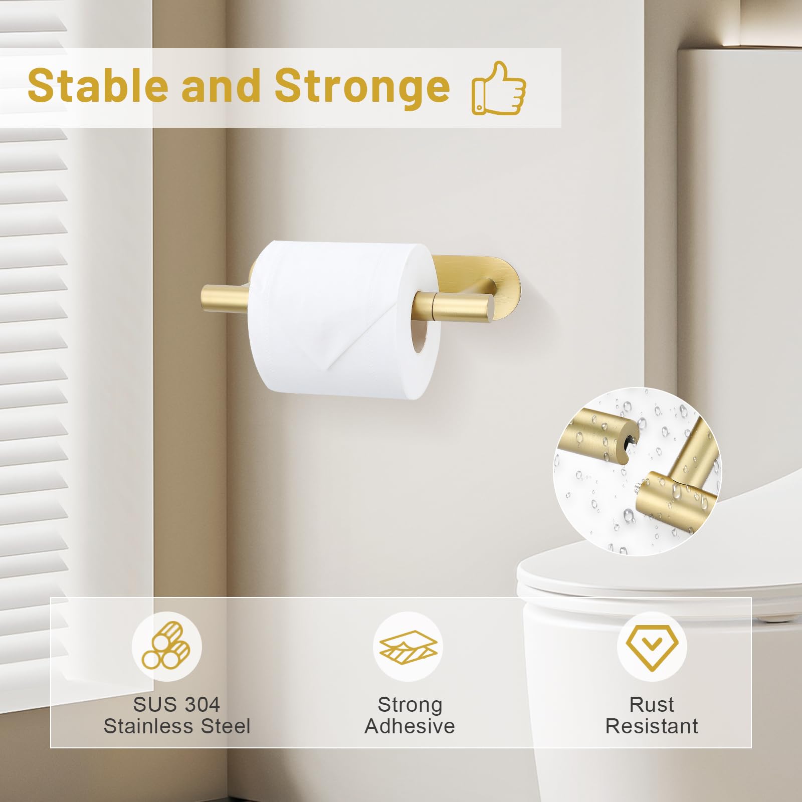 Self Adhesive Brushed Gold Toilet Paper Holder, Sus304 Stainless Steel Toilet Roll Holder, Double Base Paper Towel Holder Wall M