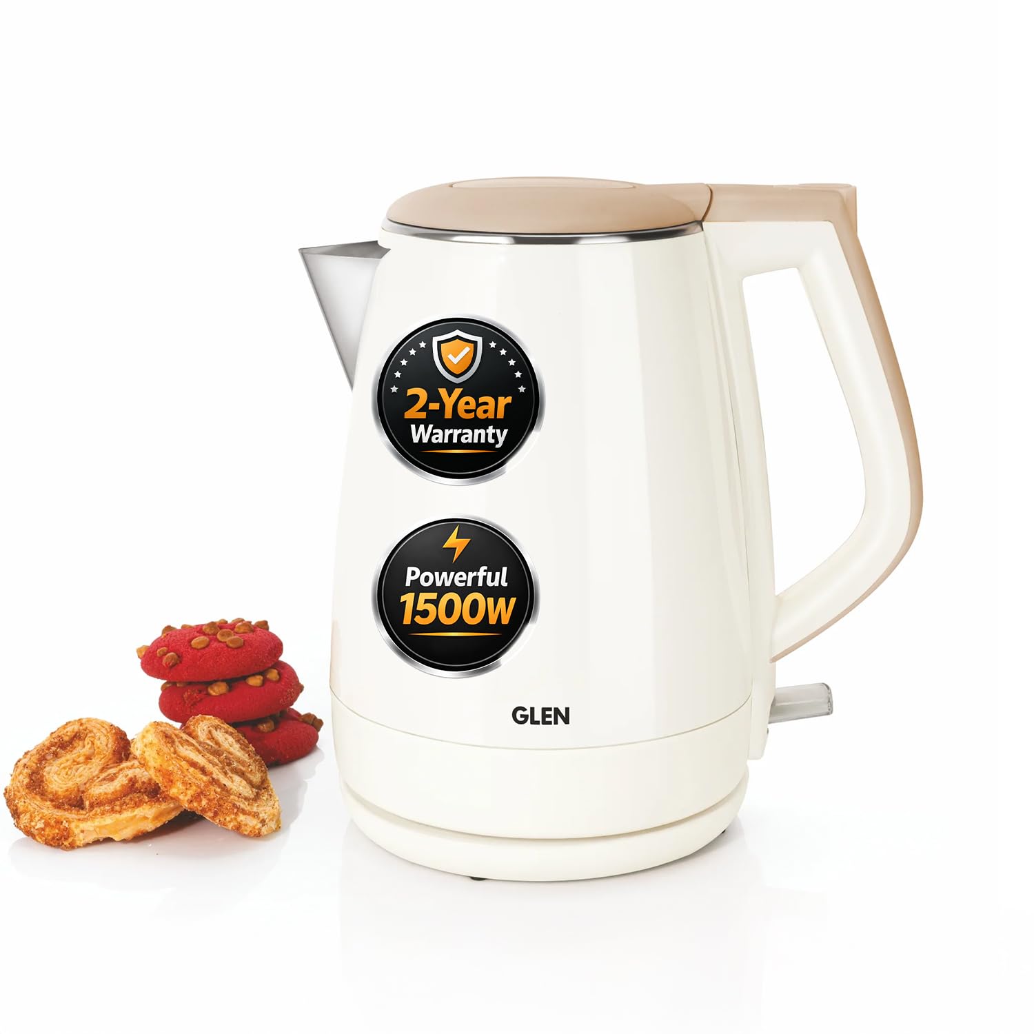Glen Electric Kettle 1.5 Litre, 1500W | 304 Stainless Steel Kettle | Cool Touch Plastic Clad | Auto Shut-Off | Wider Mouth | For