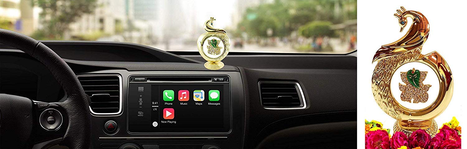 Lavanaya Silver Gold Plated Peacock Shape Ganesh God Idol For Car Dashboard (12 Cm, Gold)
