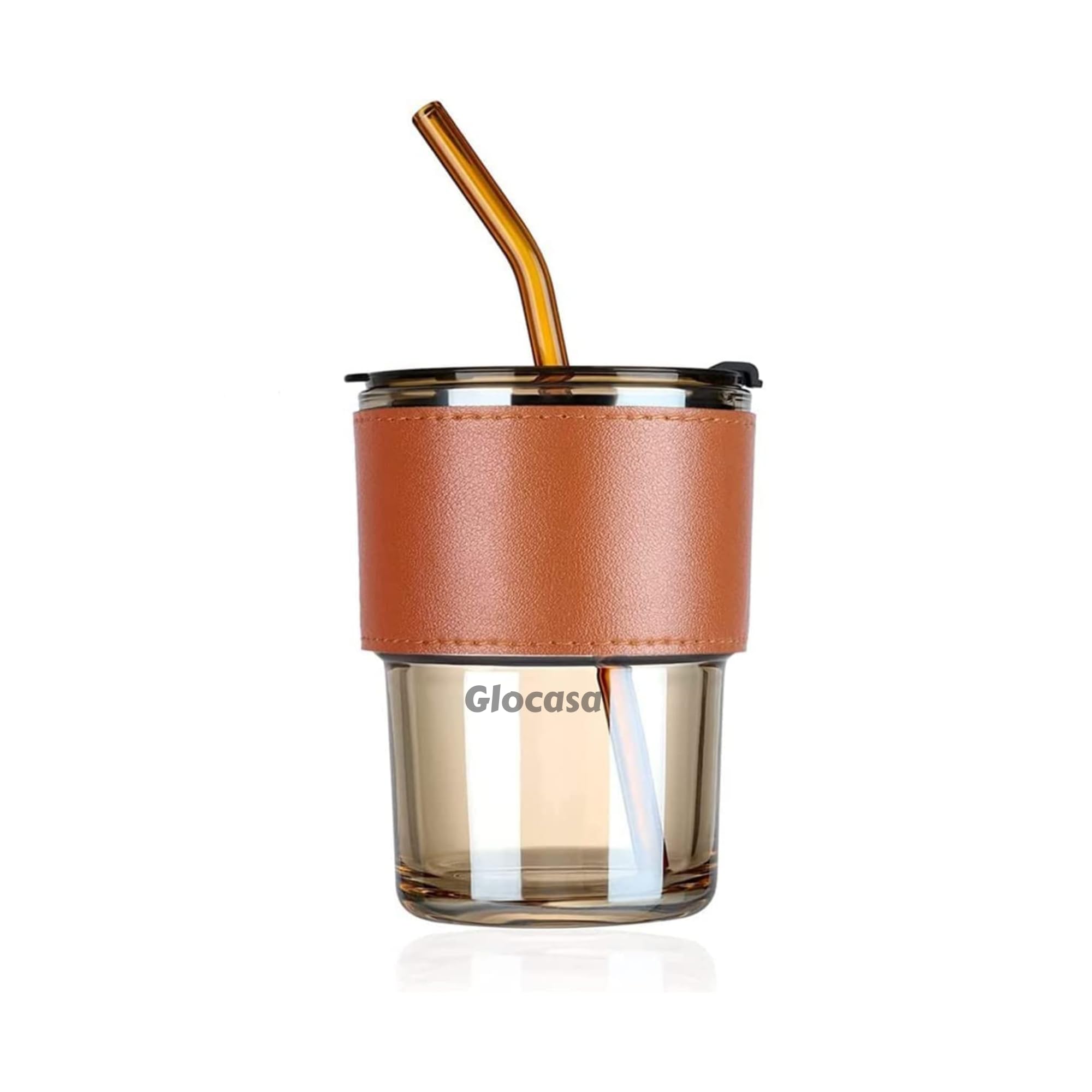 GLOCASA Glass Tumbler with Lid, Straw and Protective AntiSlip Leather Sleeve for Hot and Cold Beverages Tea Coffee Travel Mug S