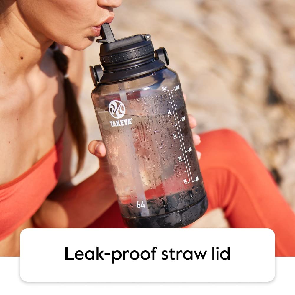 Takeya 64 Oz Motivational Water Bottle With Straw Lid With Time Marker, Half Gallon, Premium Quality Bpa Free Tritan Plastic, St