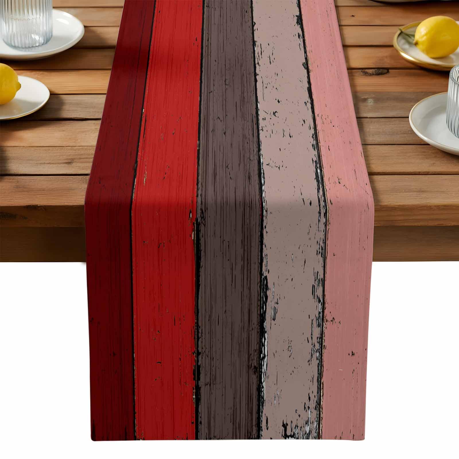 Farmhouse Cotton Linen Table Runner Dresser Scarf Retro Rustic Barn Wood Texture Ombre Christmas Red Brown Non-Slip Rectangle Se
