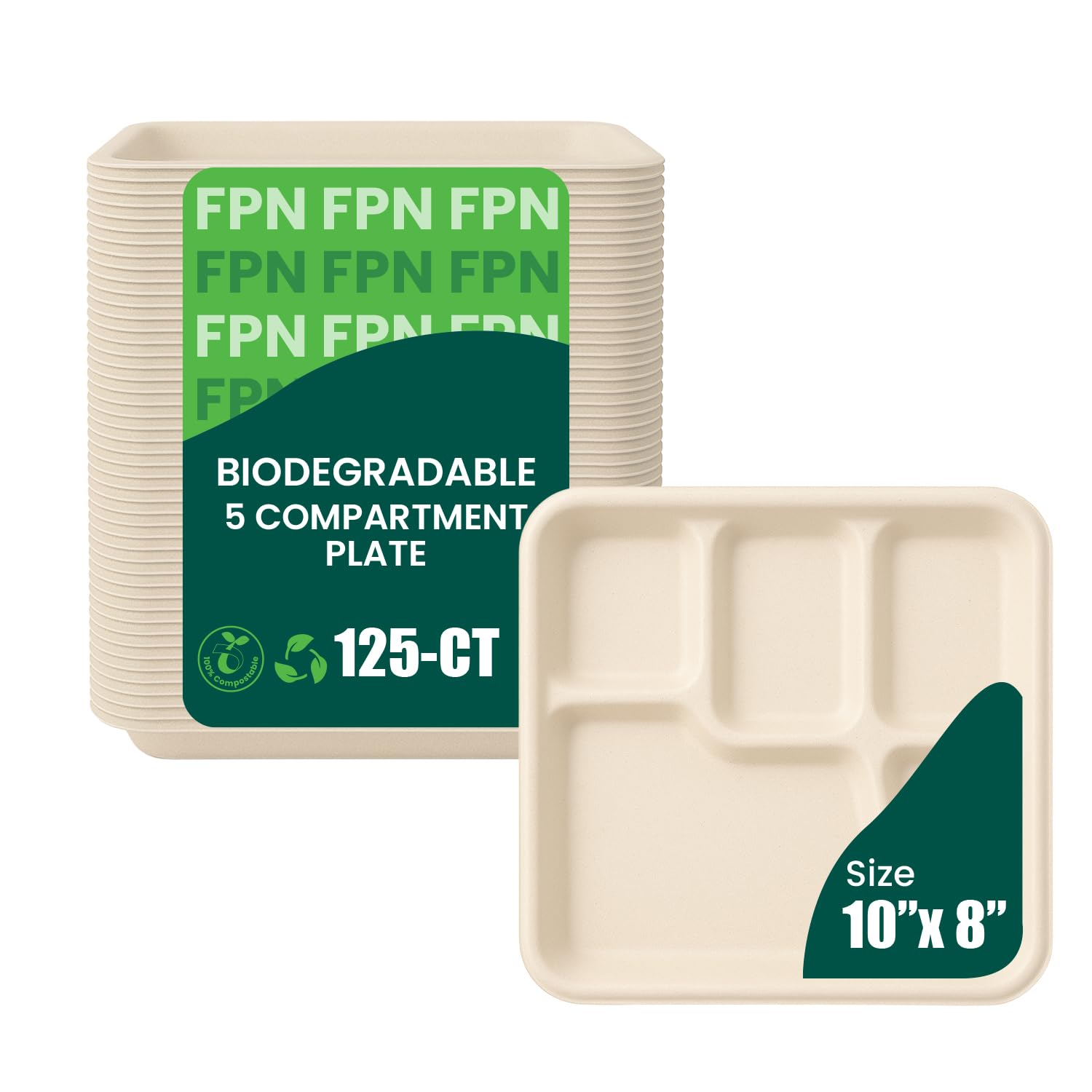 FPN Plates 5-Compartment 125 Pack Disposable Trays - Sugarcane Fiber, Biodegradable & Compostable, Paper Plates for Meals, Cater