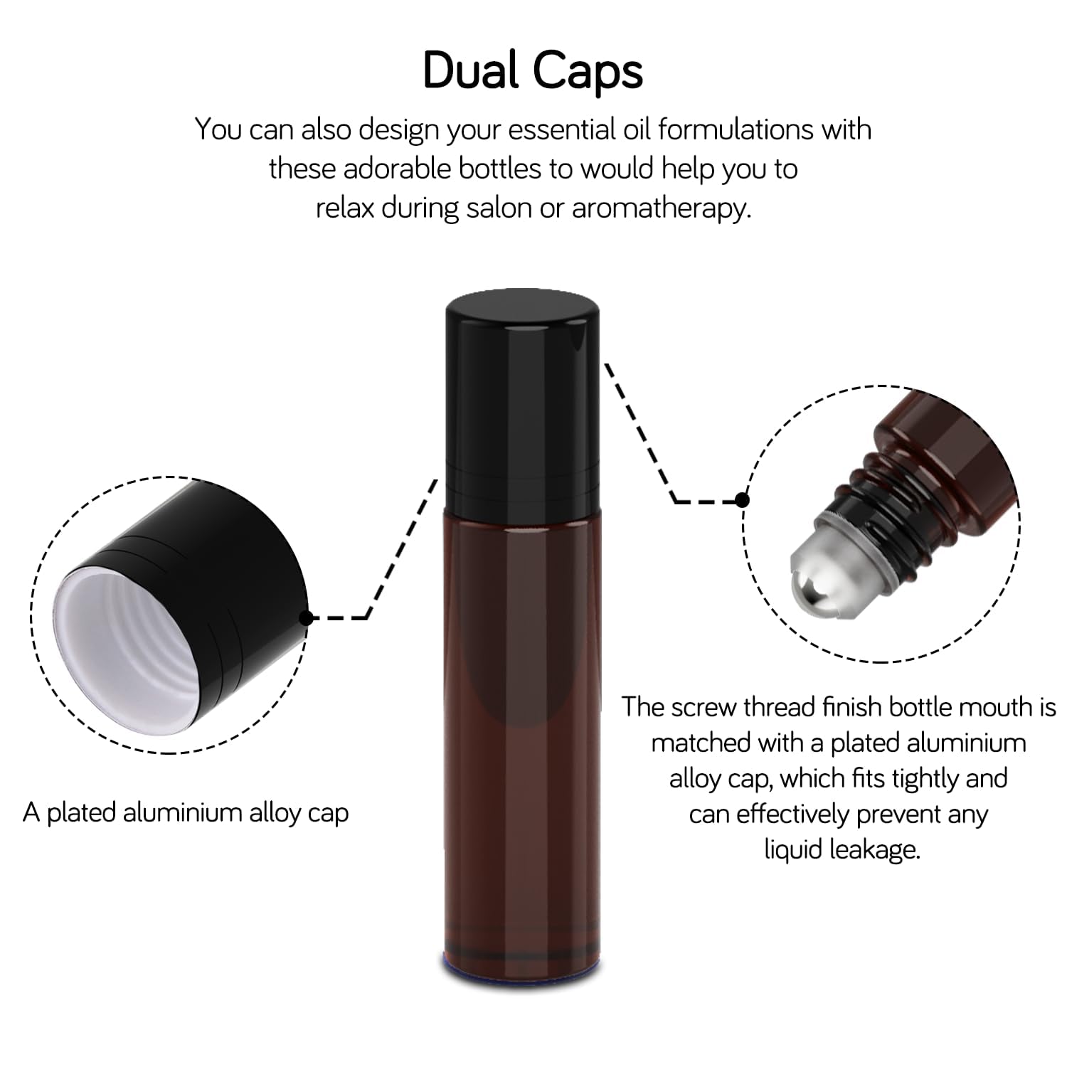 PrettyCare Amber Glass Roller Bottles Set of 12, 10ml, Refillable, Leak-proof with Stainless Steel Roller Balls, Black Caps for Essential Oils