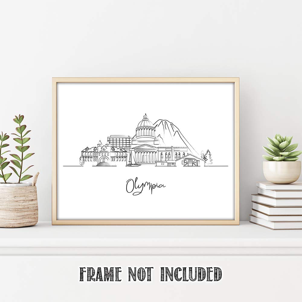 Tj Originals - Washington Skyline Landscape Hand Illustrated Skyline Wall Art Decor - Unframed 11 X 14 Black & White Print - Ann