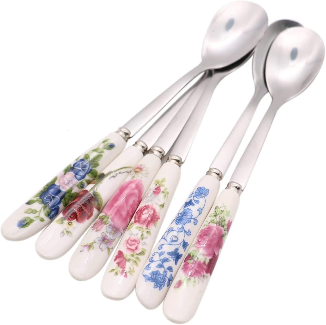 Aiptosy 6 Pack Stainless Steel Coffee Spoon Ceramic Handle Teaspoon Sugar Spoon Ice Cream Desert Spoon Stirring Soup Tableware