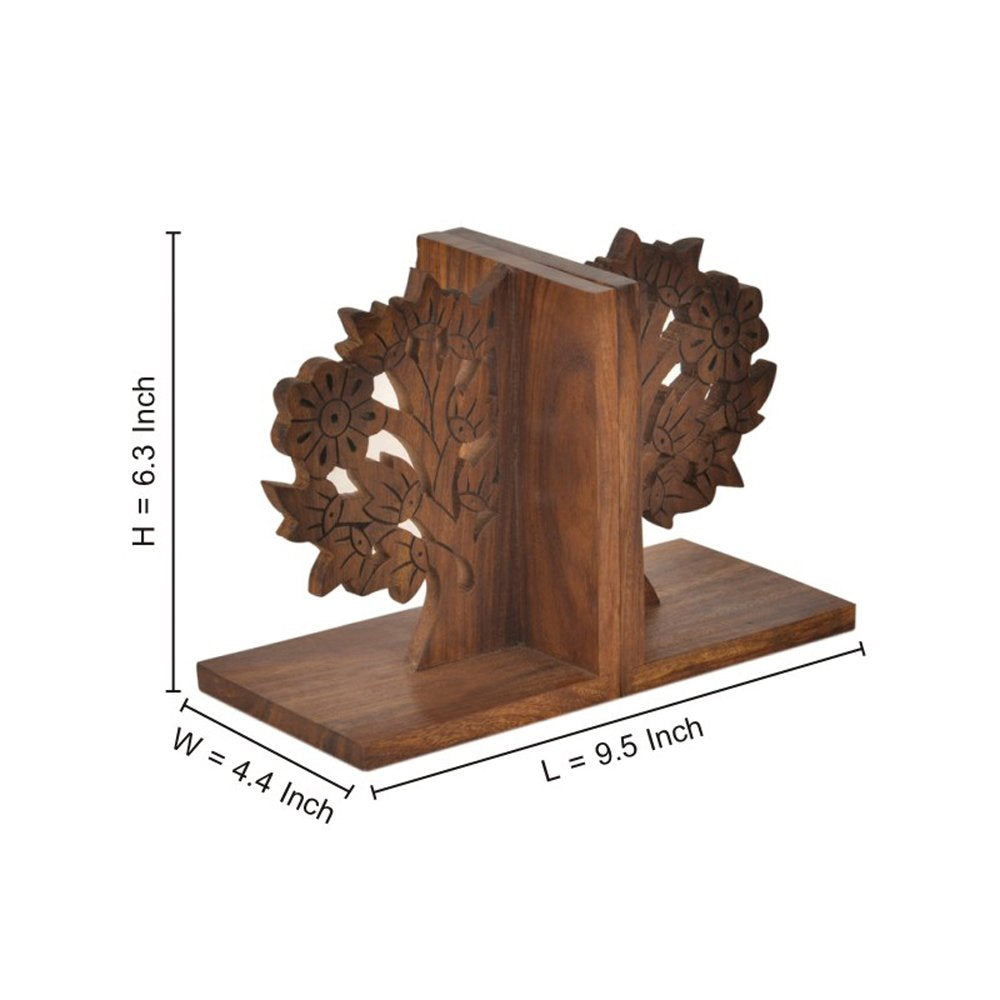 Exclusivelane Engraved Tree Handcrafted Wooden Book Ends For Shelf (Sheesham Wood) | Bookends For Heavy Books Shelf For Home B