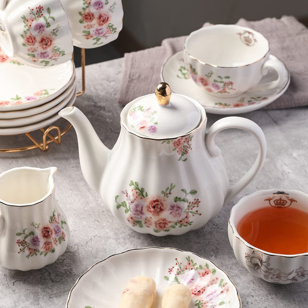Porcelain Tea Sets British Royal Series, 8 Oz Cups & Saucer Service For 6, With Teapot Sugar Bowl Cream Pitcher Teaspoons And Te