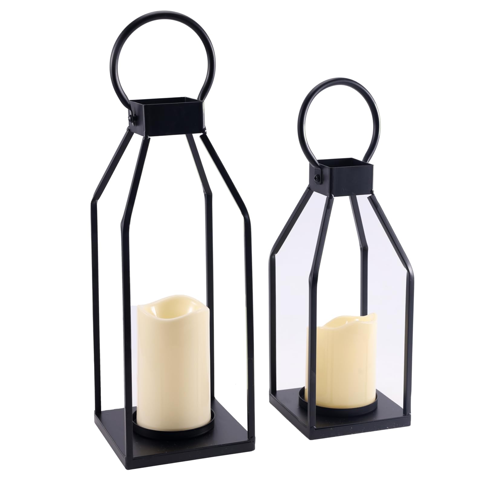 PHOSPHOR Modern Farmhouse Decor Lanterrn Set of 2 Black Metal Candle Holder for Indoor Outdoor Lanterns with Candles for Living 