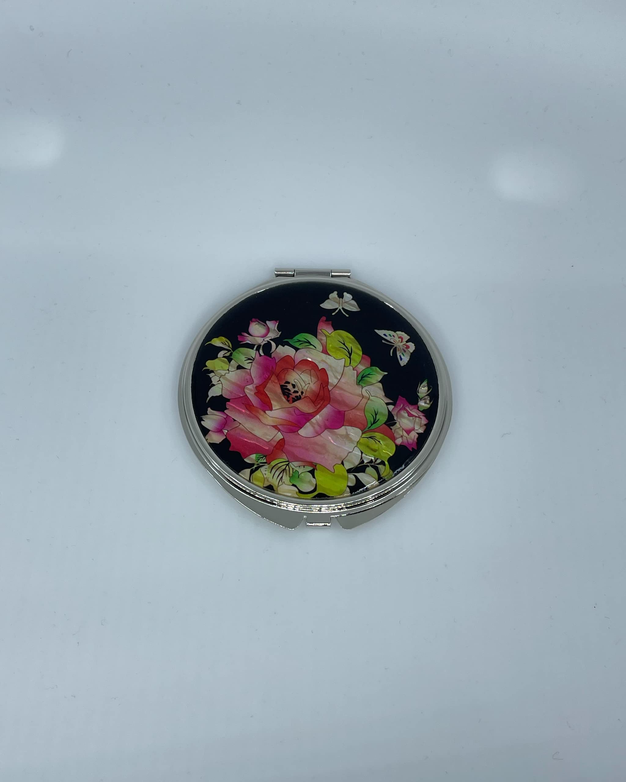 Nacreh Portable Makeup Compact Double Magnifying Mirror Cosmestic Foldable Pocket Style Unique Mother Of Pearl Design (Rose)