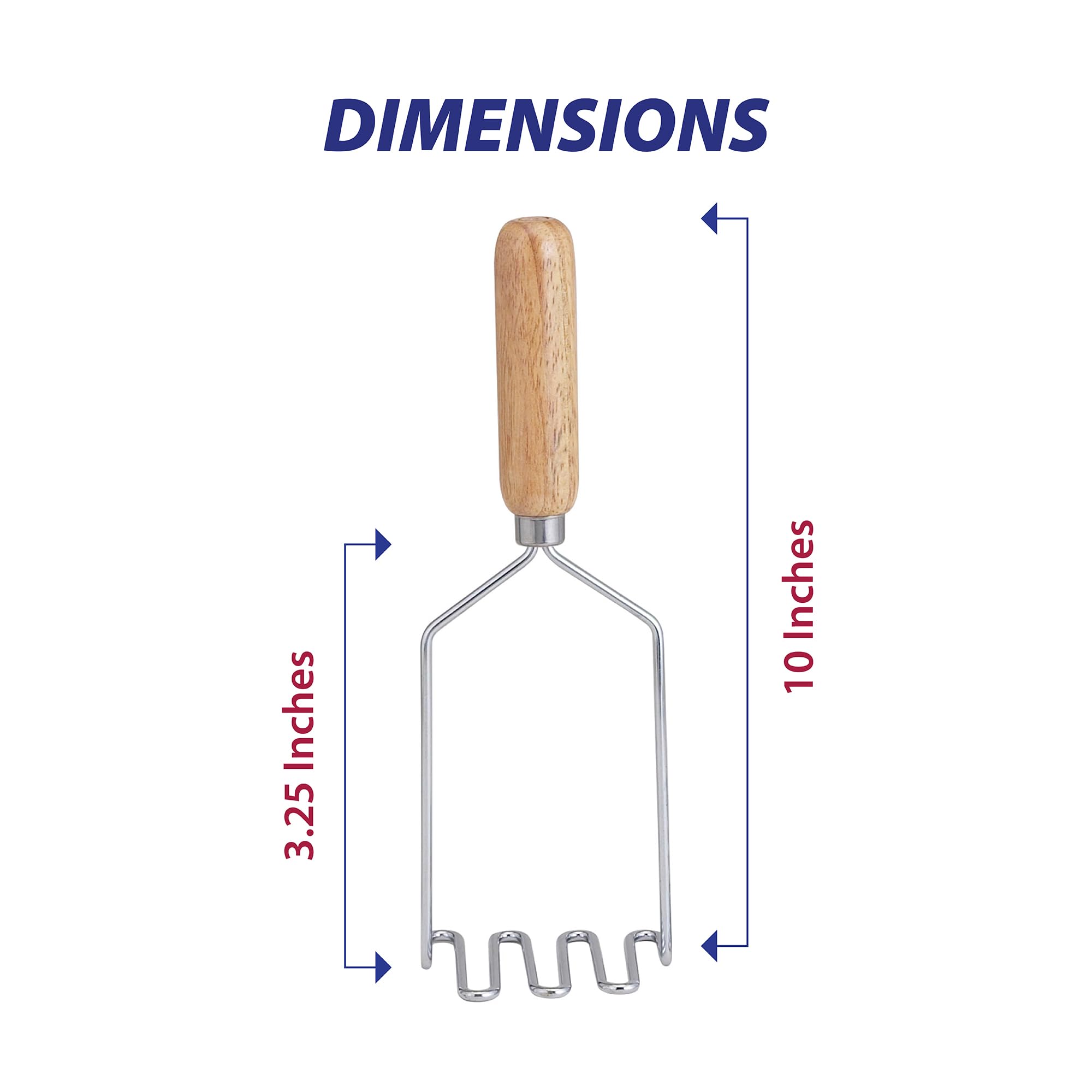 Hic Kitchen Potato And Vegetable Masher, 9.75-Inches, Single-Wire With Comfortable Wooden Handle