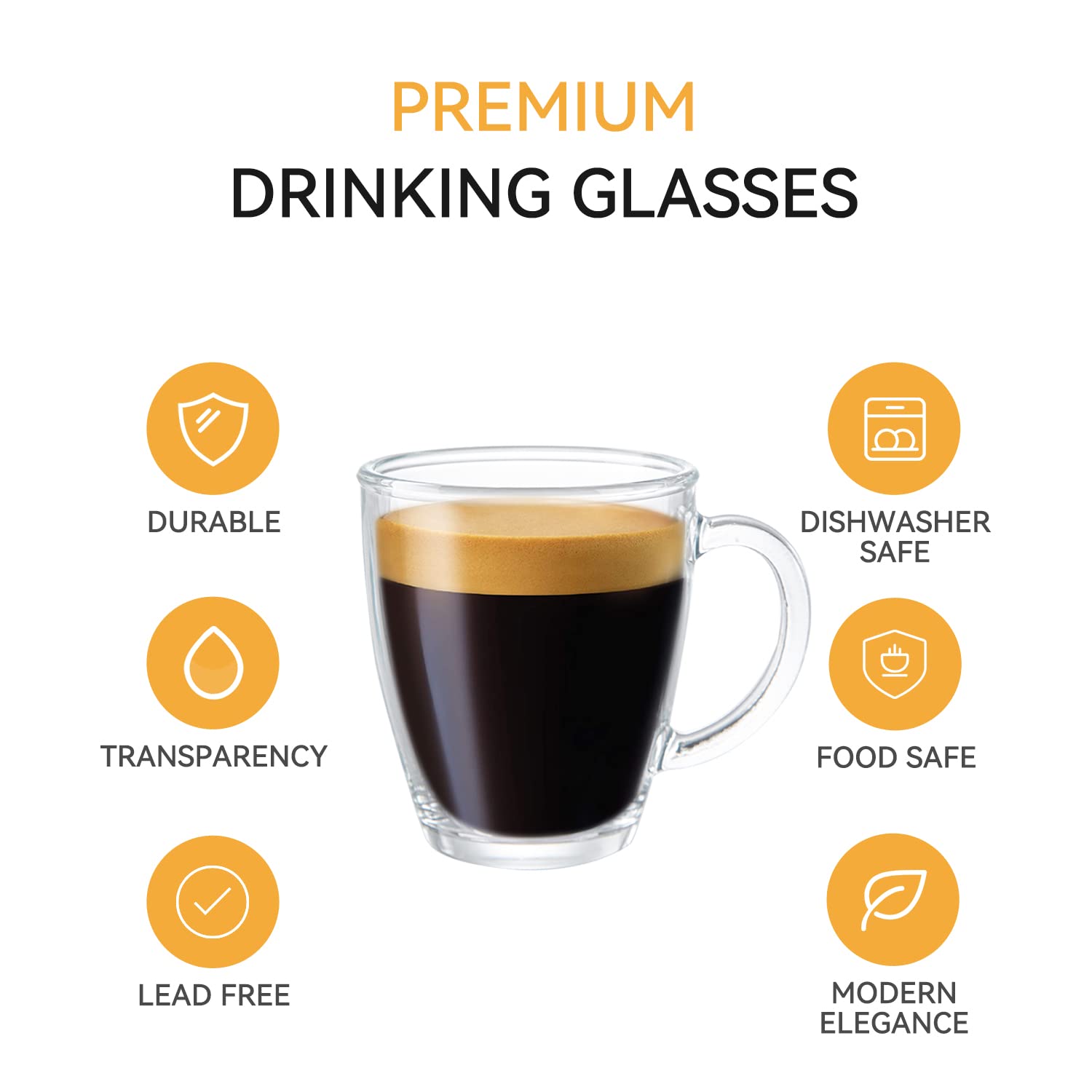 D.M Designmaster [6 Pack,12 Oz] - Premium Glass Coffee Mugs With Handle. Transparent Tea Glasses For Hot/Cold Beverages, Perfect