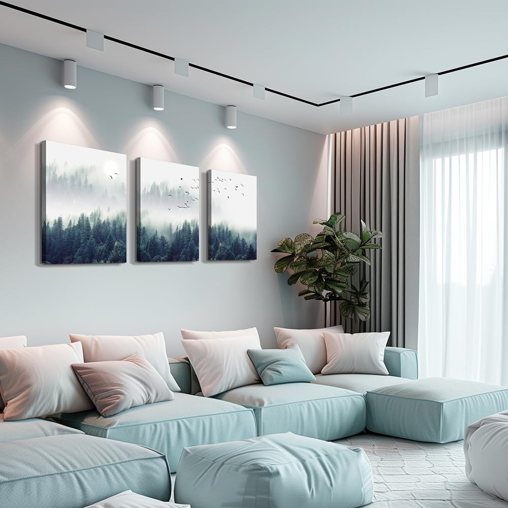 3 Piece Canvas Wall Art for Living Room Wall Decorations for Bedroom Office Wall decor Foggy forest Trees Landscape painting Stretched and Framed Ready to Hang pictures Home Decor 12''x16''x3 Panels