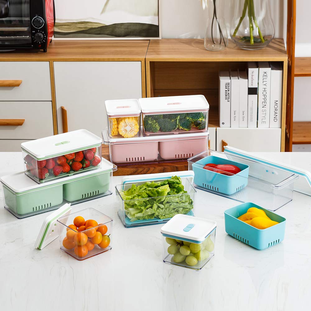Lille Home Stackable Produce Saver, Organizer Bins/Storage Containers With Removable Drain Tray, Set Of Three, For Refrigerators