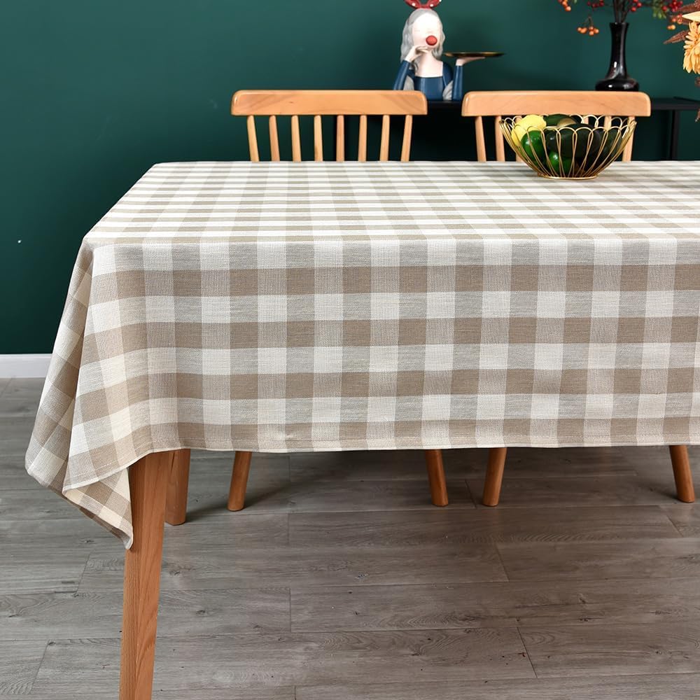 Yofori Gingham Table Cloth for Rectangle Tables Beige Checkered Plaid Tablecloth Heavy Duty Cotton Blend Washable & Wrinkle Tabl