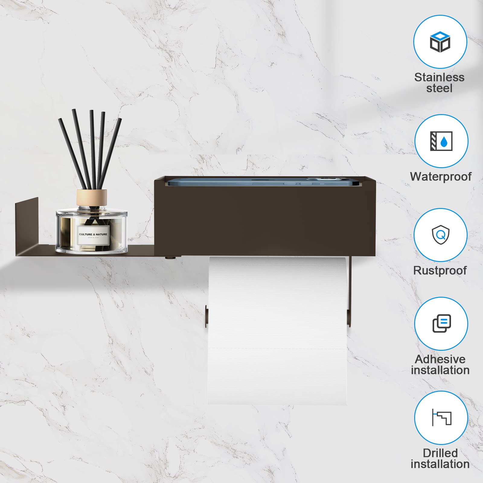 Toilet Paper Holder With Shelf, Funleu Flushable Wipes Dispenser For Bathroom, Self Adhesive Toilet Paper Holder With Storage -