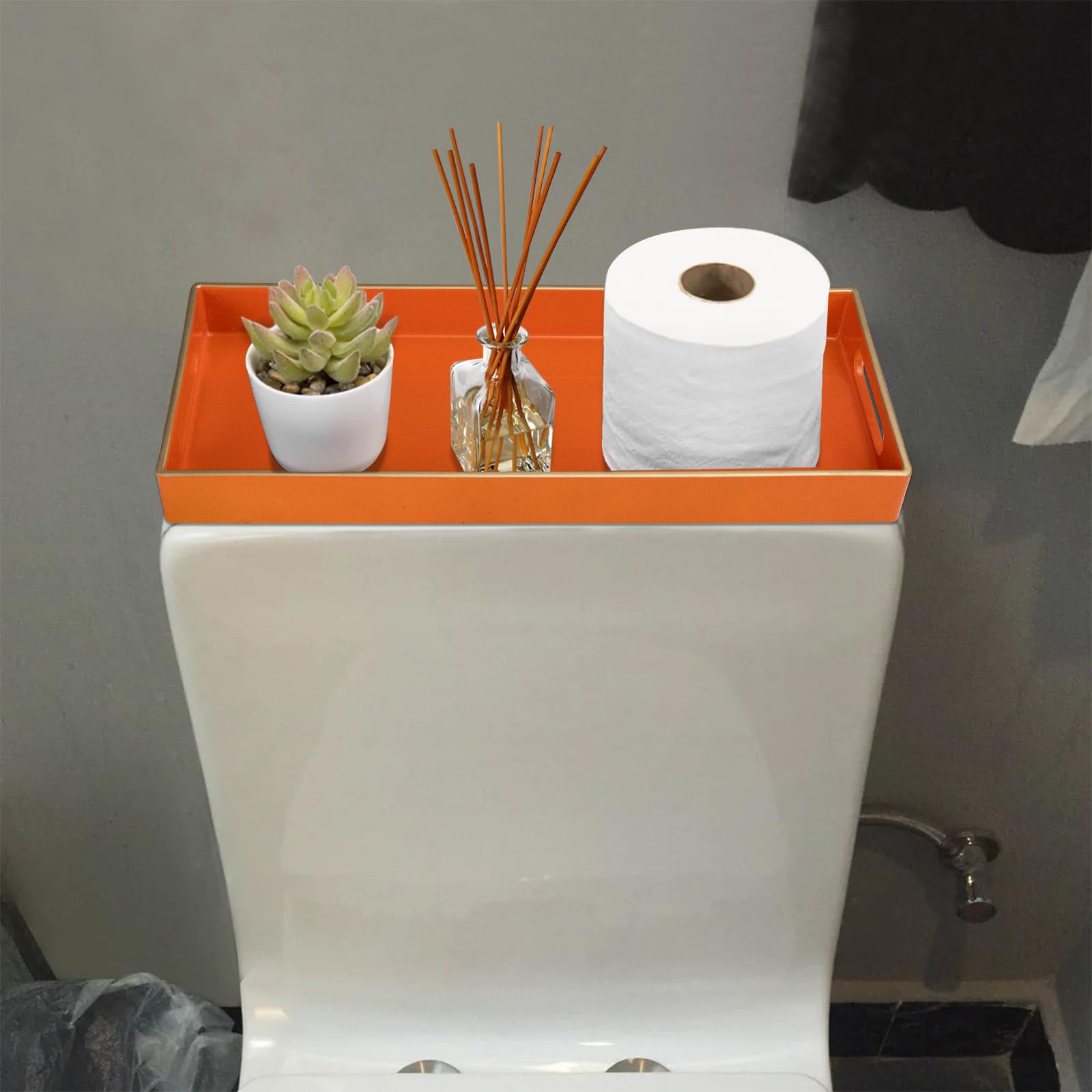 Maoname Orange Vanity Tray, Plastic Decorative Tray, Rectangular Tray With Handles, Bathroom Tray For Toilet Tank, Counter, 13.8