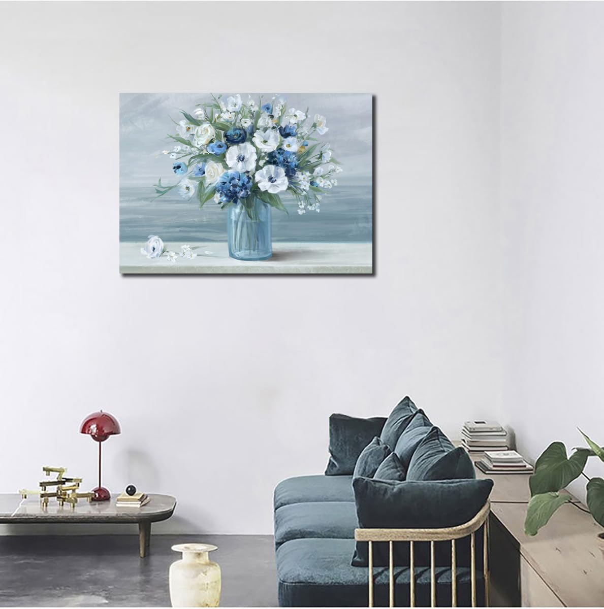 Vintage Flowers Canvas Wall Art Blue White Blossom Canvas Painting Retro Flowers in Vase Canvas Pictures Blue Ocean Seagull Background Artwork Prints for Bathroom Bedroom Wall Decor 28'' X 20''