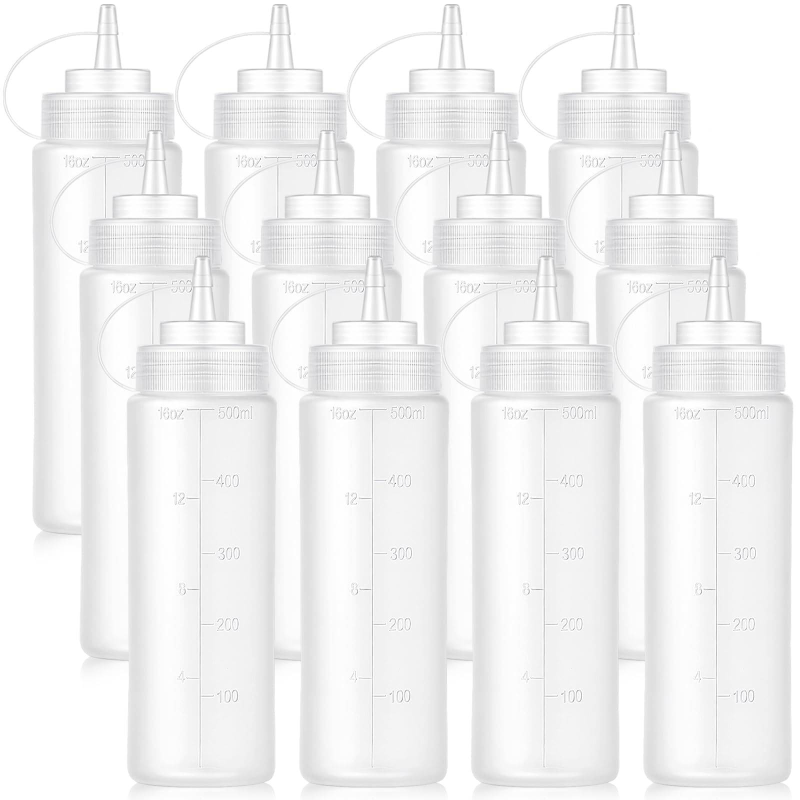 Bekith 12 pack 16 Oz Wide Mouth Plastic Squeeze Condiment Bottles with Twist On Cap Lids and Discrete Measurements, Empty Squirt