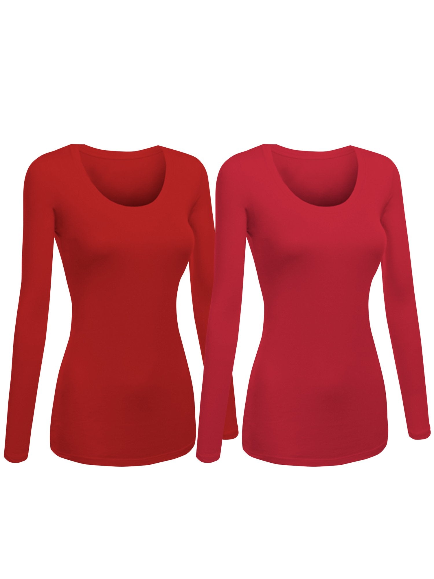 Emmalise Womens Junior And Plus Size Basic Scoop Neck Tshirt Long Sleeve Tee, 1Xl, 2Pk Fuchsia, Red