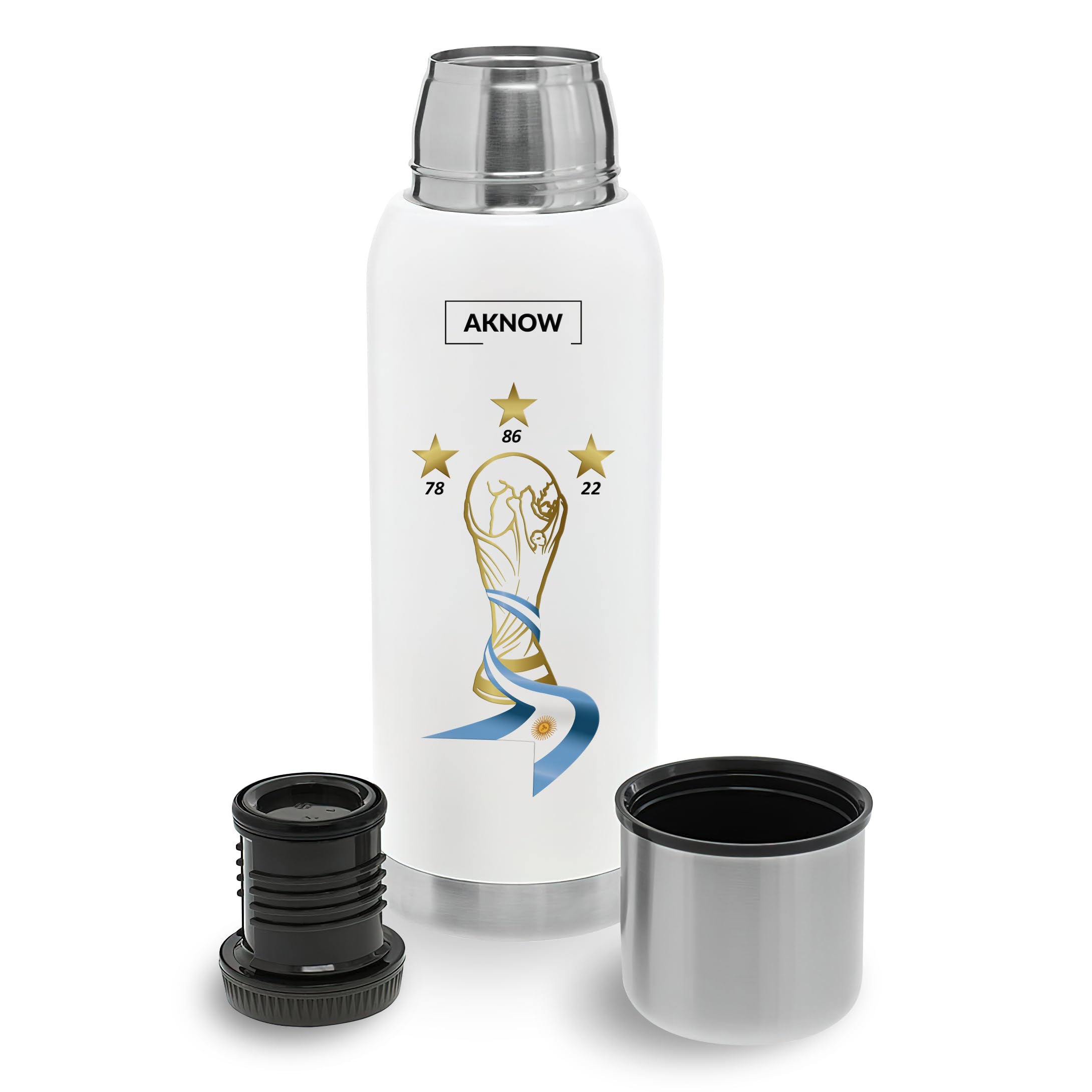 Thermo Argentino World Cup Stainless Steel Bottle Special For Mate Coffee With Argentine Flag 1Lt (White)
