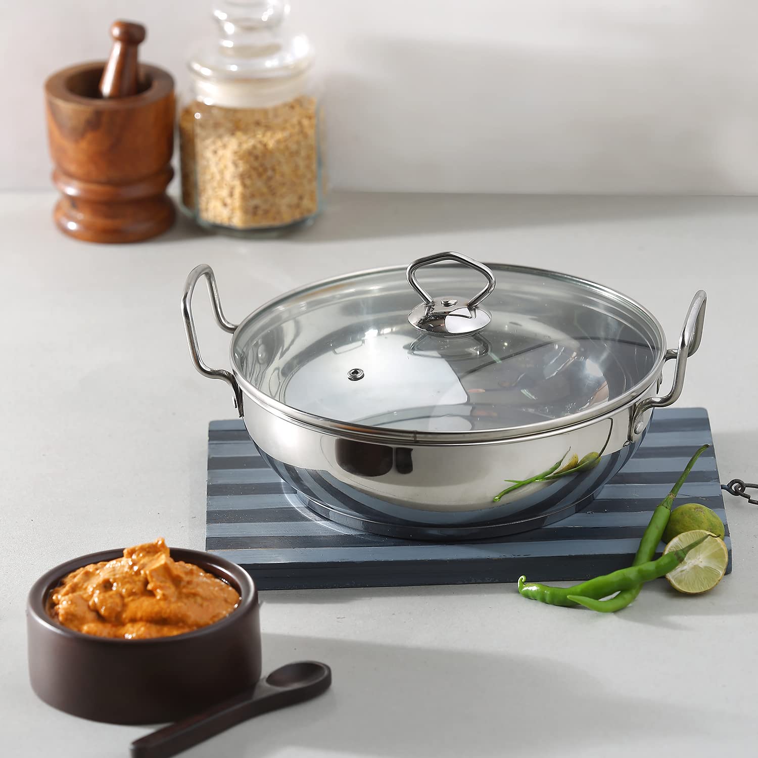 Vinod Cookware Induction Friendly Kadai With Lid Silver 3.4 Litres, Stainless Steel, Ikd 24