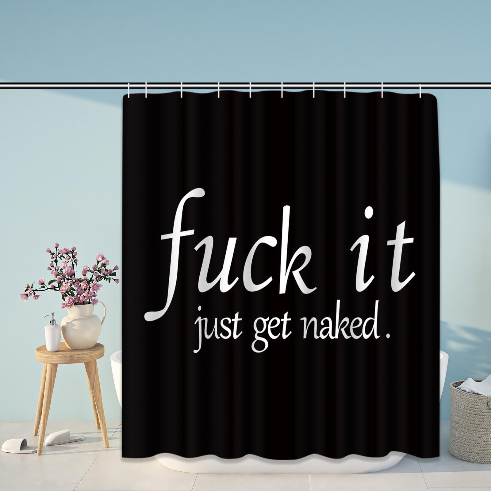 Artsocket 4Pc Funny Get Naked Shower Curtain Sets Bathroom Decor With Rugs, Non-Slip Rug,Toilet Lid Cover, Bath Mat And 12 Hooks