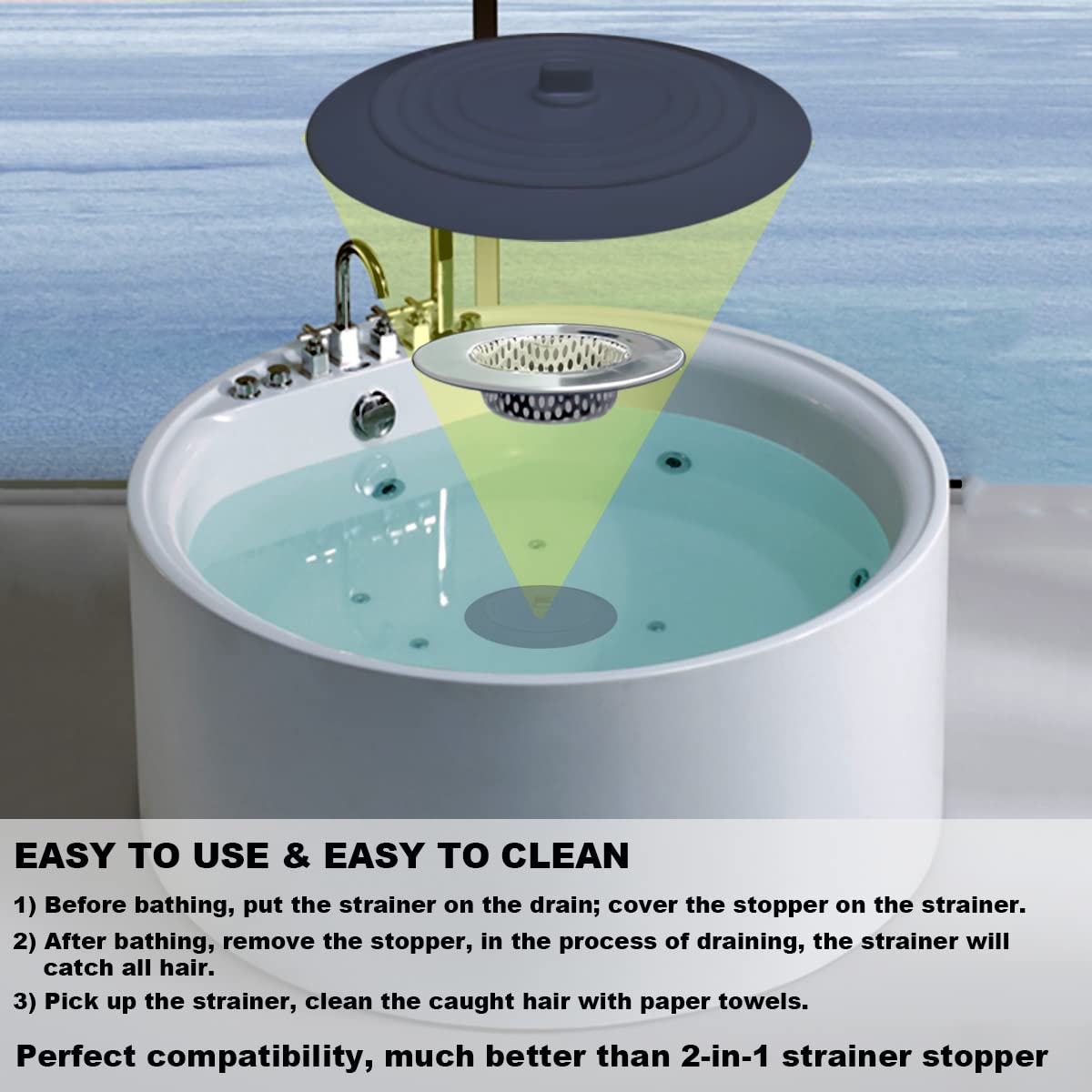 Huntonry 2Pcs Bathtub Strainer Stopper Kit, Shower Drain Hair Catcher With Large Stopper, Bathroom Drain Cover, Hair Filter For