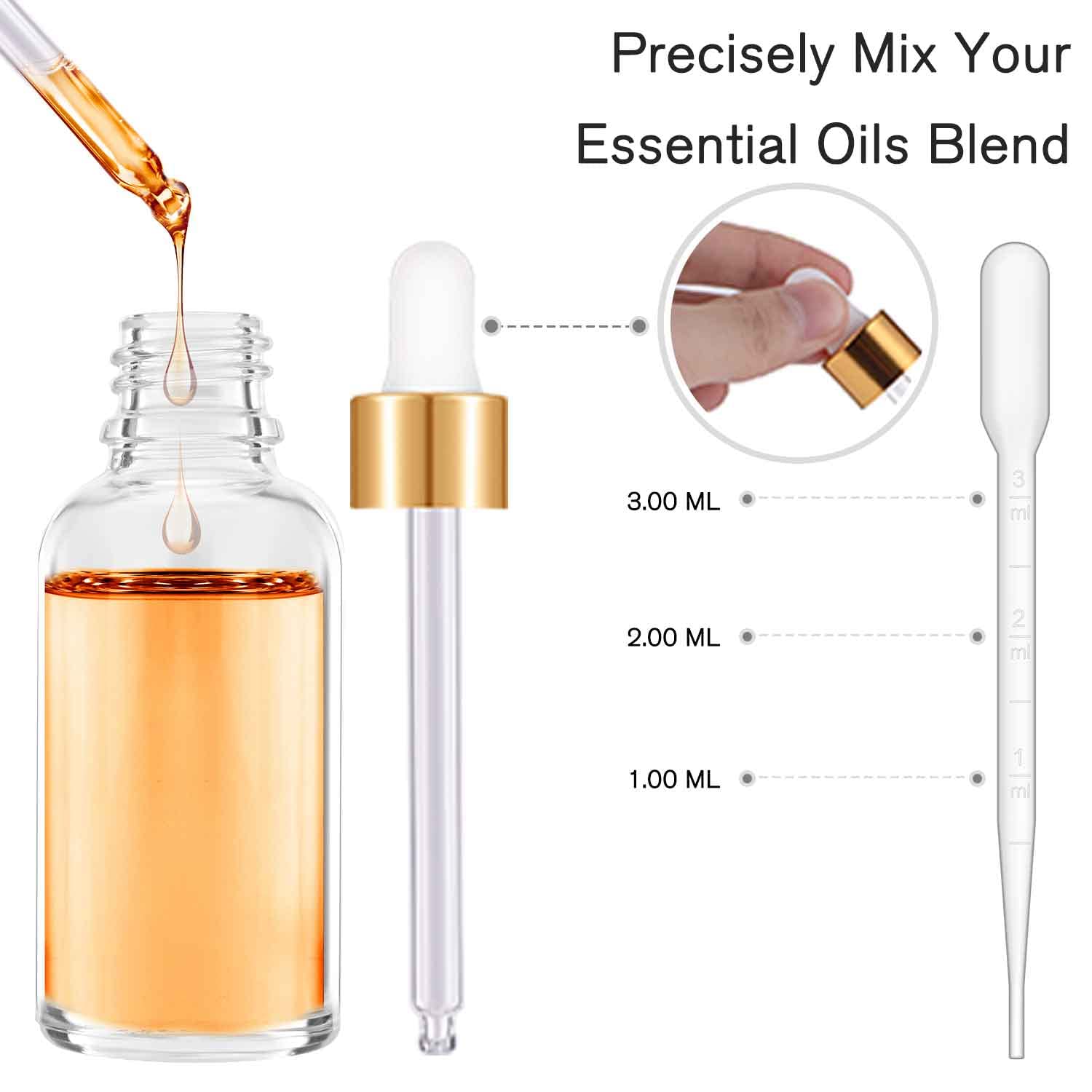 24 Pack 2 Oz Glass Eye Dropper Bottles Clear  60 ml Empty Tincture Dropper Bottle with droppers  1 Extra Cap  2 Plastic Funnels  2 Pipettes & 48 stickers for DIY Essential Oils  Body Oil  Beauty Oil