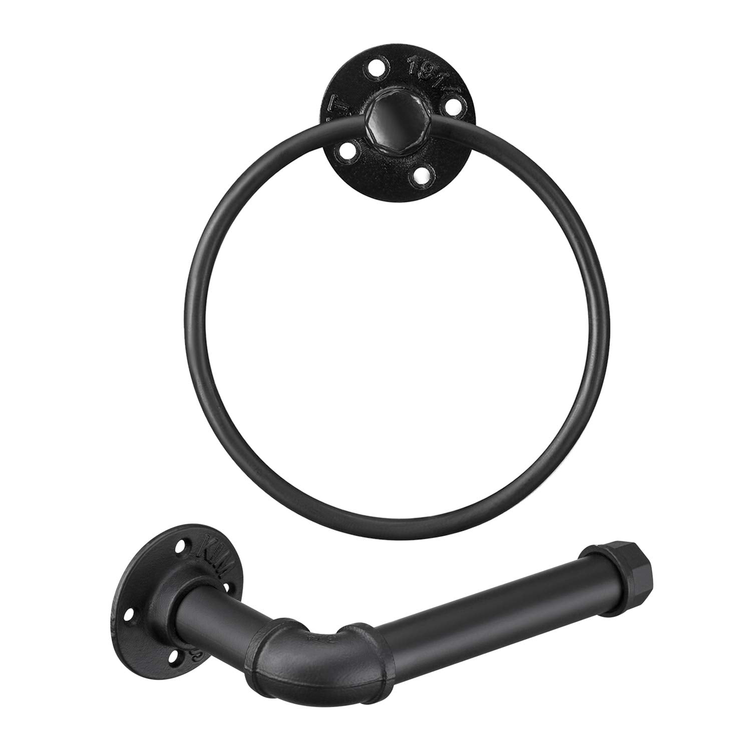 Industrial Black Toilet Paper Holder And Towel Ring, Bathroom Hardware Set, Wall Mounted Hardware Accessories, Includes Pipe Tow