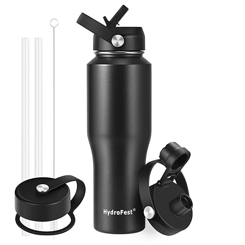 HydroFest 32 oz Stainless Steel Water Bottle with Straw Lid  Black Vacuum Insulated Kids Water Bottle  Double Walled Wide Mouth Sweat Proof Sports Water Bottle  Cold Hot  Thermo Mug  Black